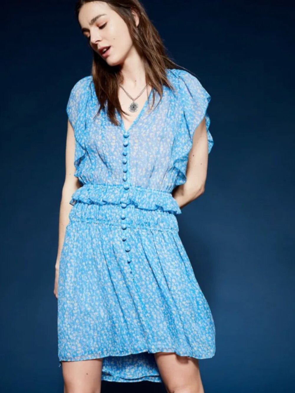 The Kooples Blue Lagoon Silk Floral Mini Dress Ruffle Sleeve Button Front NWT M